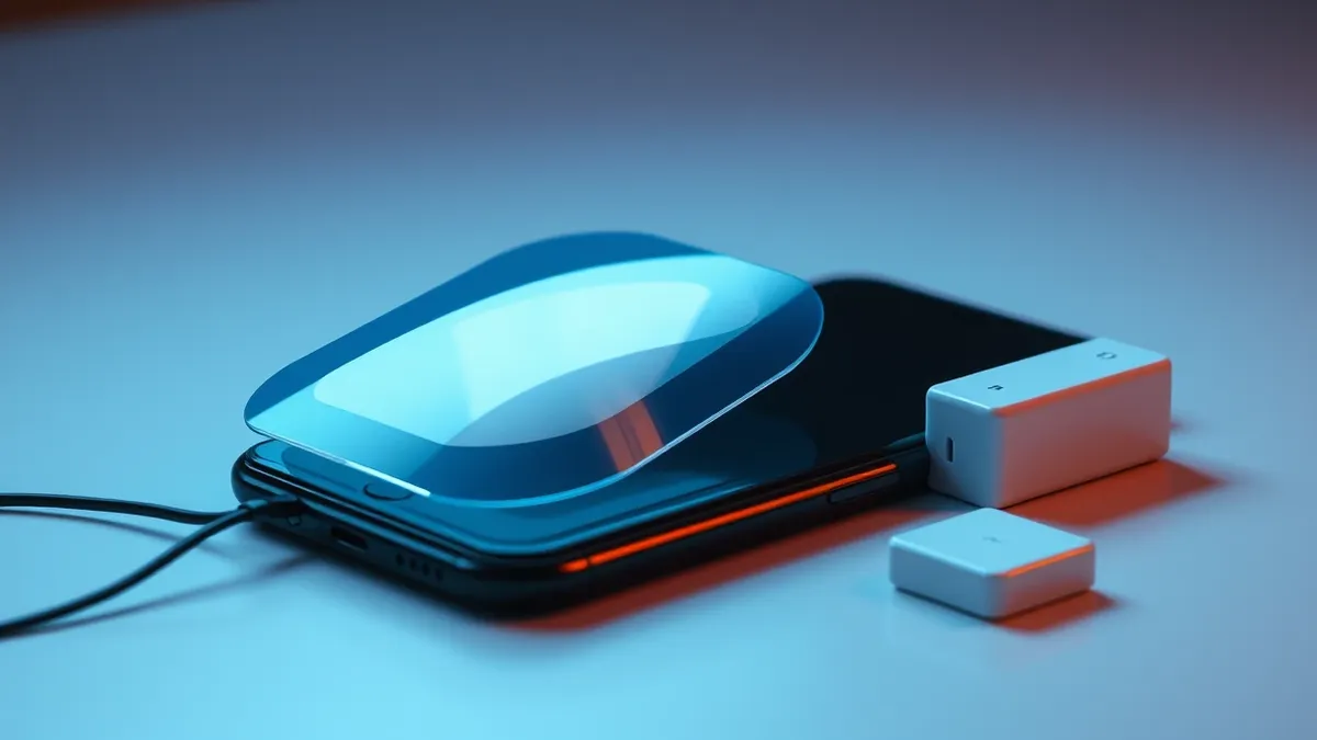 Illustration: A black smartphone rests on a white surface while a translucent blue digital shield wraps around its curved edges.