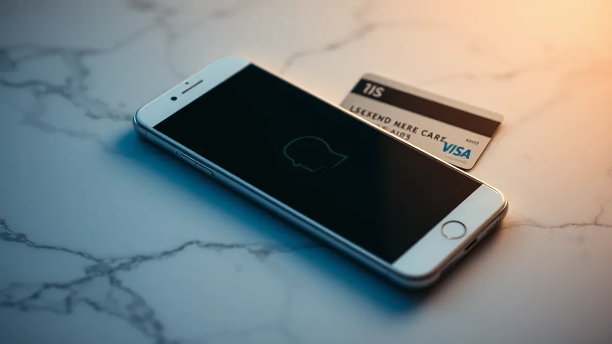 Illustration: A sleek white smartphone rests on a marble surface next to a generic credit card.