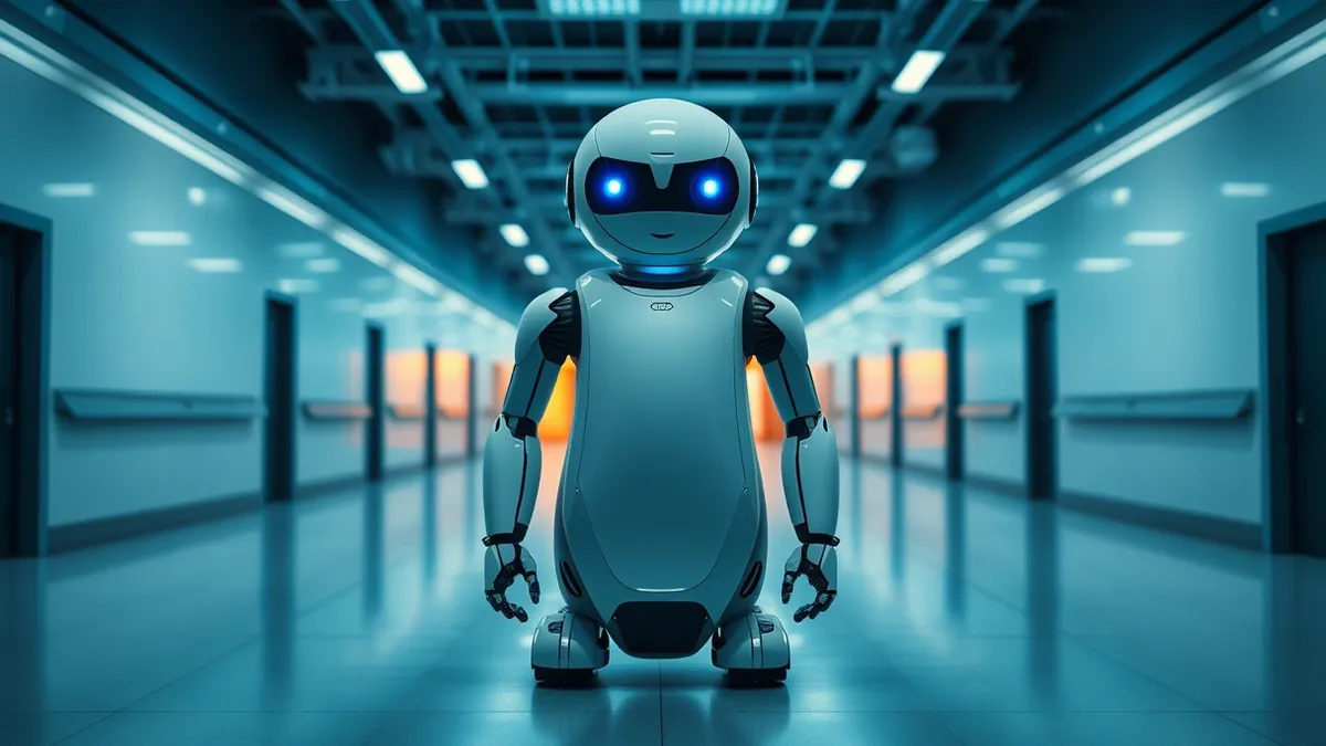 Illustration: A sleek autonomous robot stands isolated in a sterile corporate hallway.