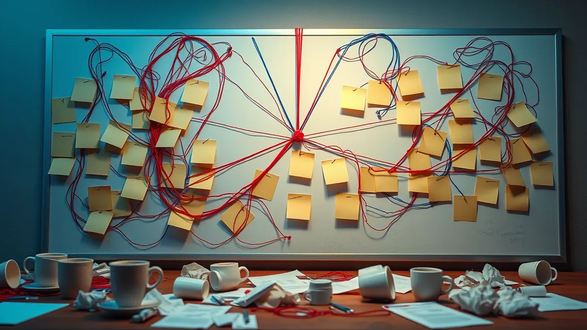 Illustration: A chaotic whiteboard covered in tangled red and blue yarn strings connects various blank sticky notes.