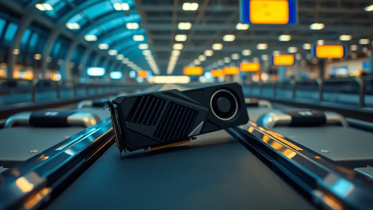 Illustration: A sleek black graphics card with a distinctive angular design rests on a polished metal luggage conveyor belt inside a brightly lit airport terminal.