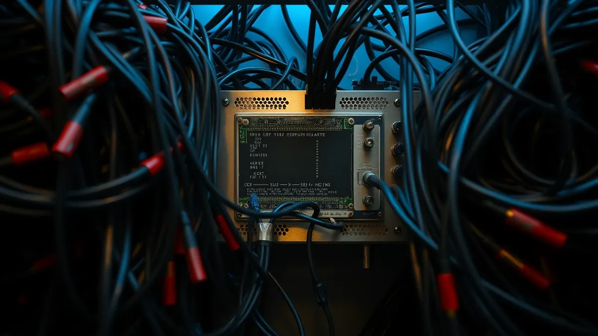 Illustration: A tangled web of thick black wires connects to a central circuit board.