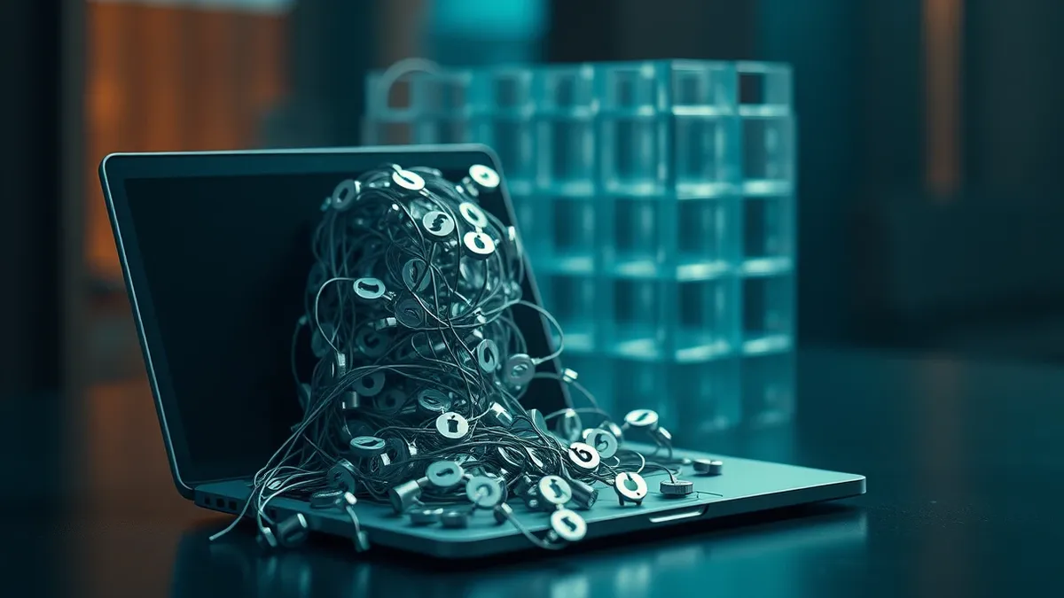 Illustration: A tangled cluster of silver browser icons spills from an open laptop, their strings weaving into a dense, impenetrable wall of glass bricks.