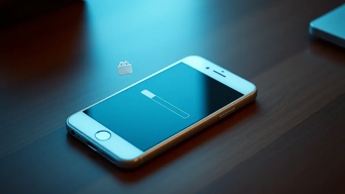 Illustration: A white smartphone rests on a wooden table, its screen displaying a single progress bar stuck at the end of two large arrows.