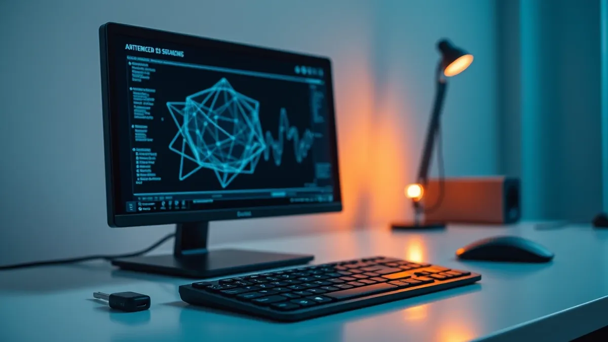 Illustration: A sleek workstation sits on a clean desk, its monitor displaying abstract geometric shapes that represent complex data analysis.