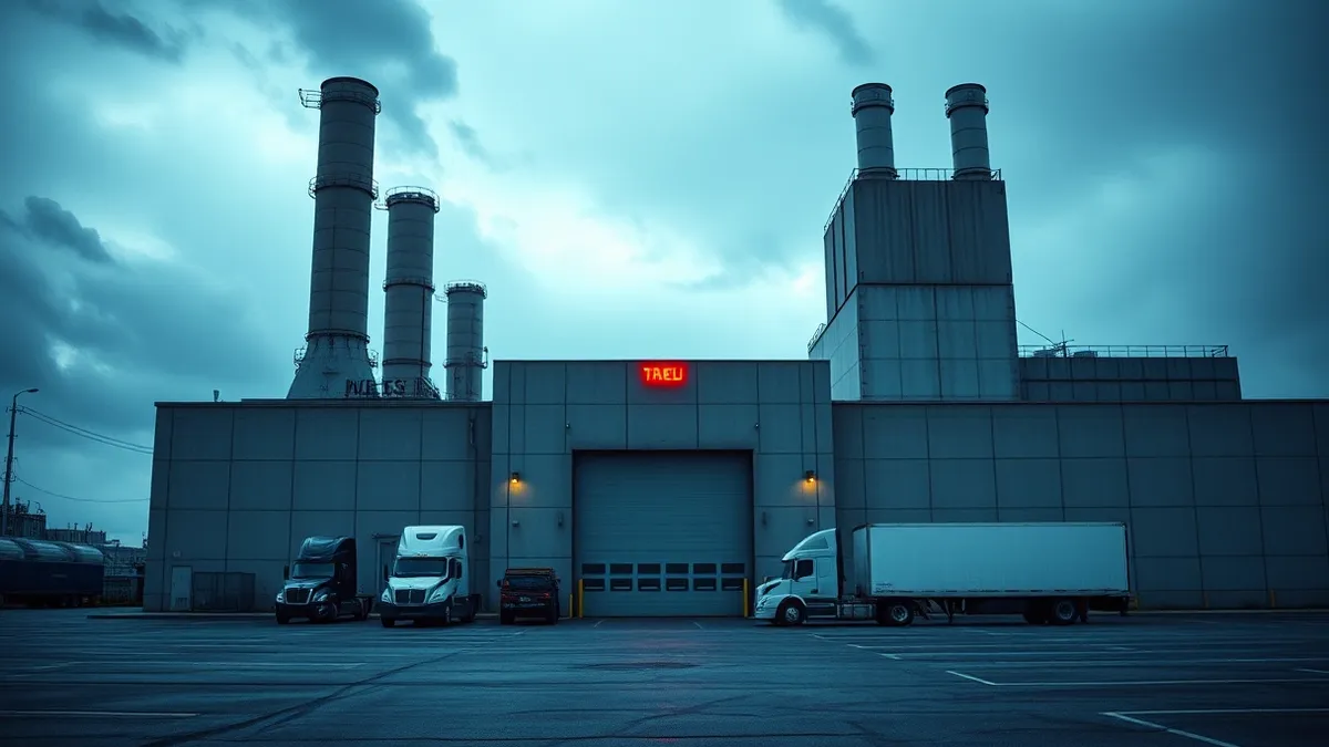 Illustration: A large industrial semiconductor fabrication plant sits under a grey sky, with massive ventilation stacks rising above the concrete walls.