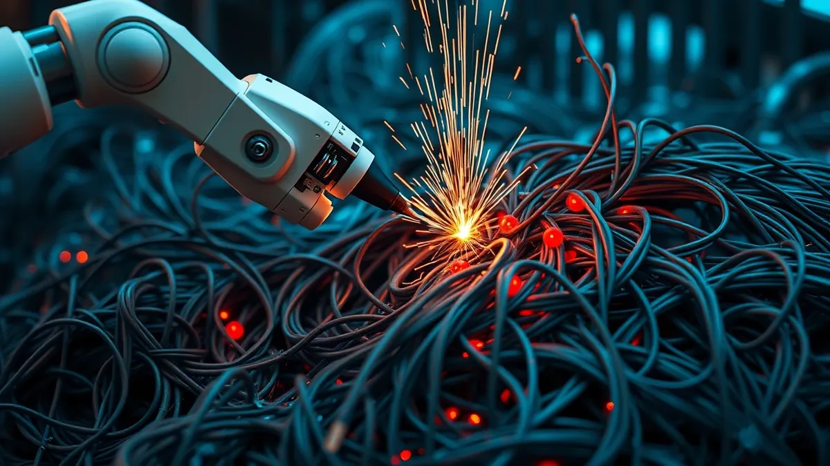 Illustration: A white robotic arm extends a mechanical probe toward a tangled pile of tangled grey cables and circuit boards representing open source code.