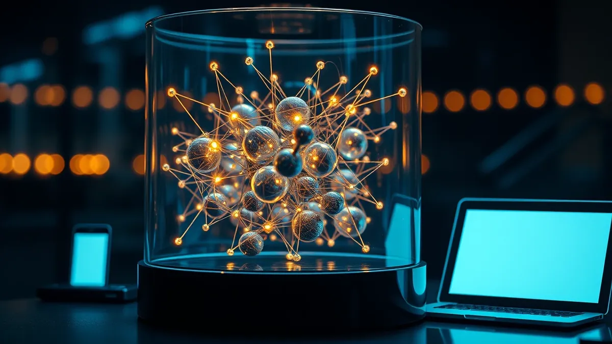 Illustration: A transparent glass tank holds layered spheres connected by thin, glowing threads.