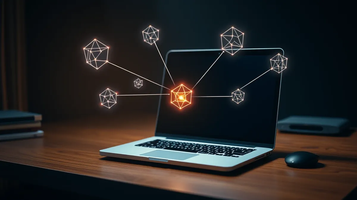 Illustration: A sleek laptop sits on a wooden desk, its screen displaying a single glowing geometric node.