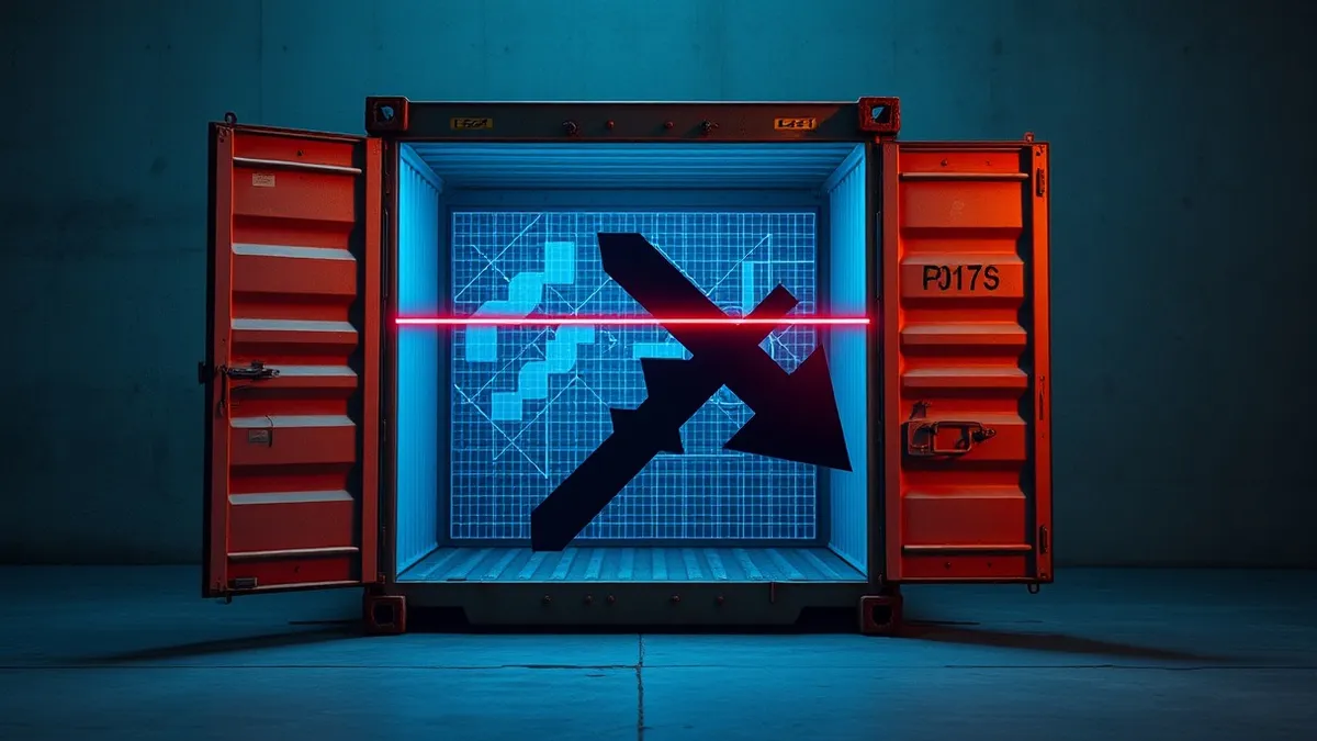 Illustration: A rugged metal shipping crate sits on a concrete floor, its heavy steel door slightly ajar.
