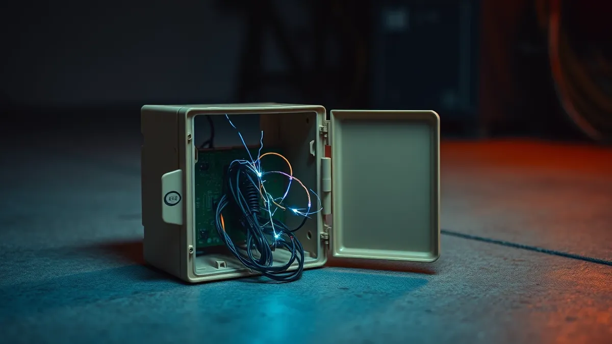 Illustration: A small beige industrial networking box sits on a concrete floor with its plastic casing cracked open.