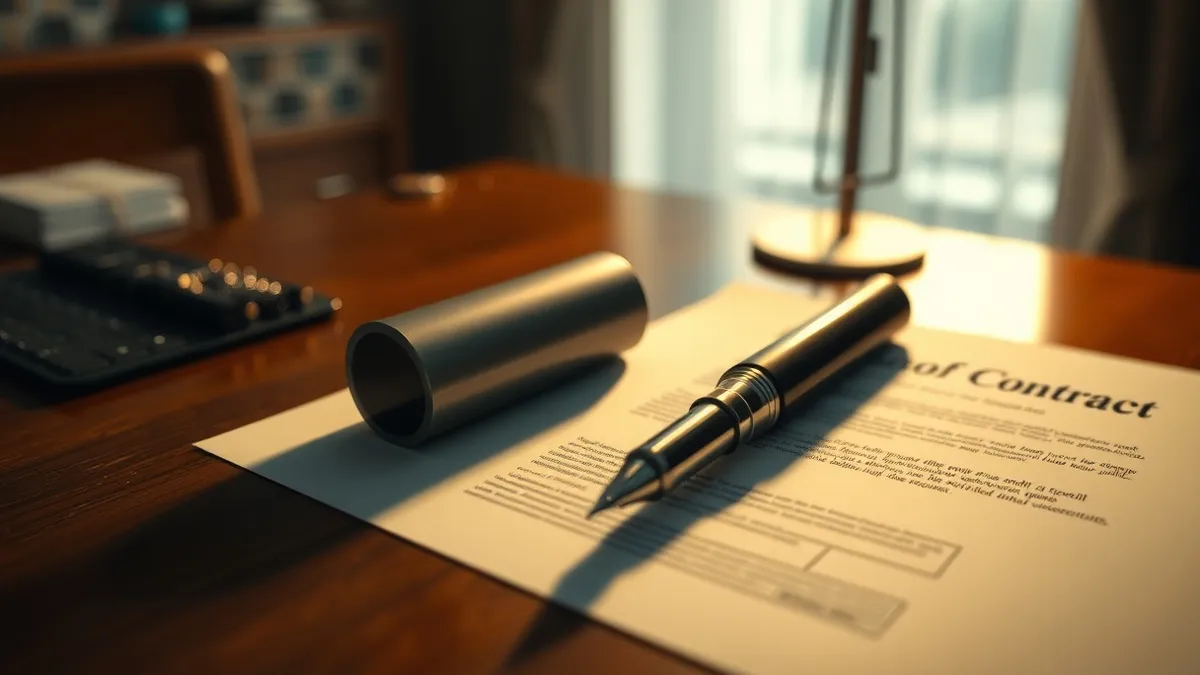 Illustration: A sleek cylindrical battery cell sits on a polished wooden desk next to a heavy fountain pen resting on a blank contract.