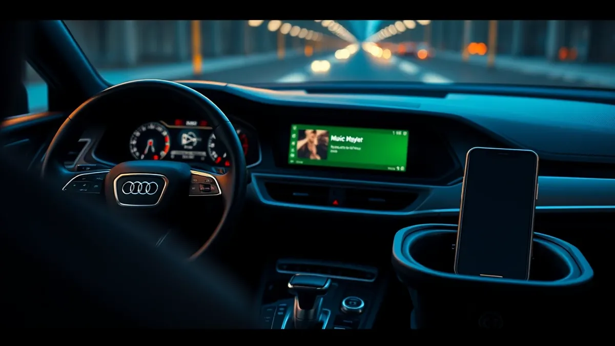Illustration: A sleek Audi dashboard dominates the frame, featuring a large central touchscreen displaying the familiar green music player interface with abstract album art.