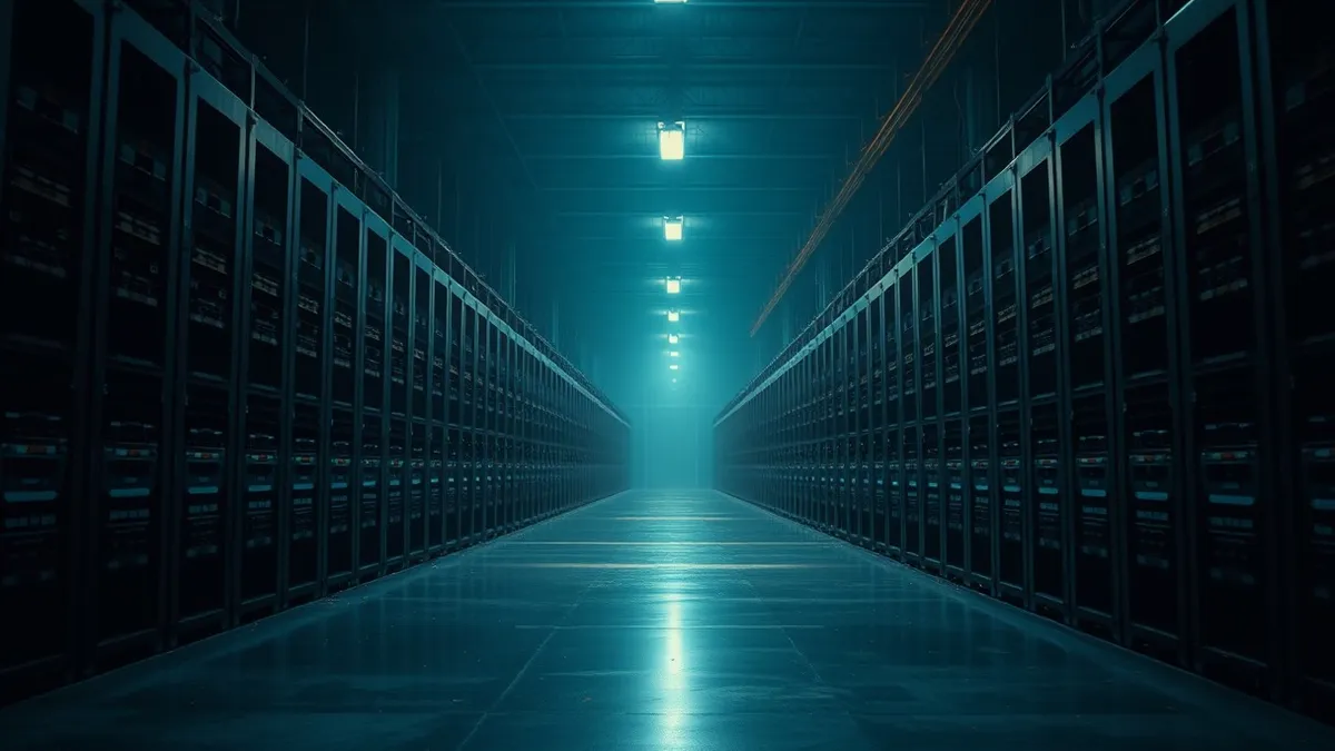 Illustration: A massive, empty warehouse floor stretches into the dark, filled with rows of silent, blank server racks.