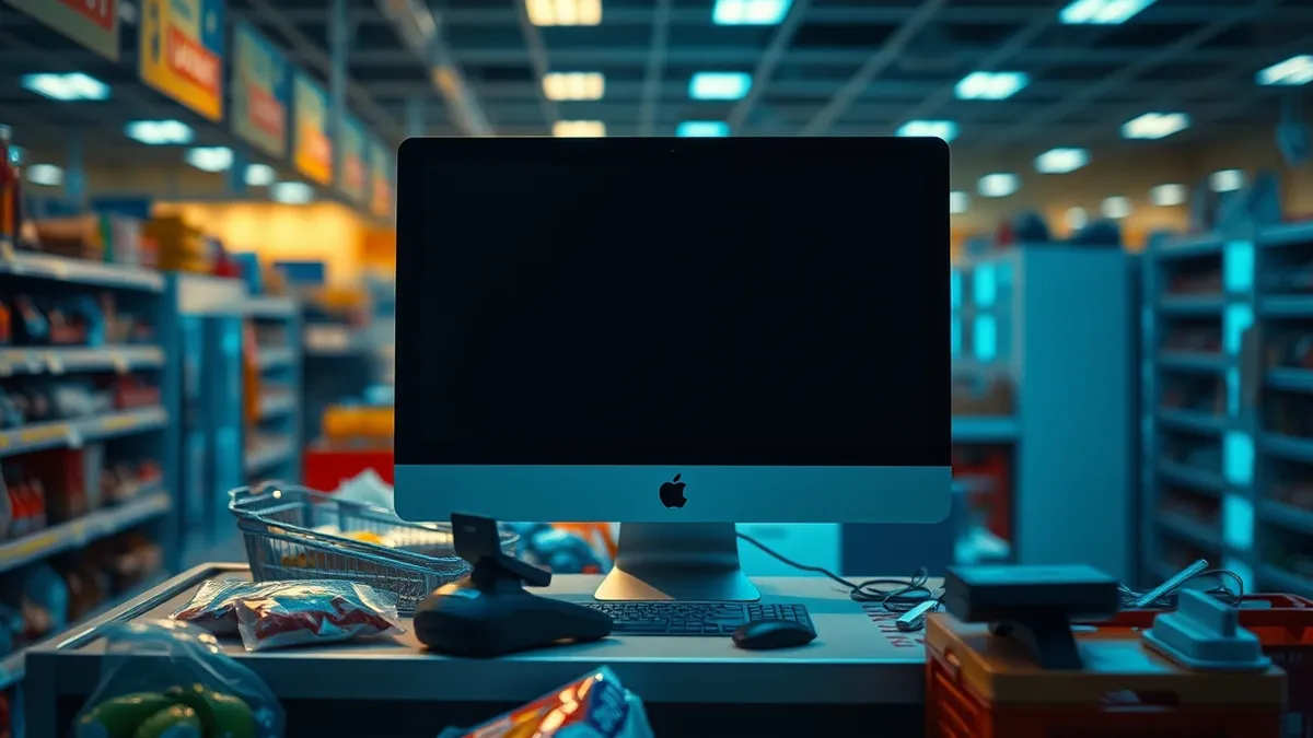 Illustration: A blank computer monitor sits on a cluttered retail checkout counter, surrounded by scattered grocery items and a barcode scanner.