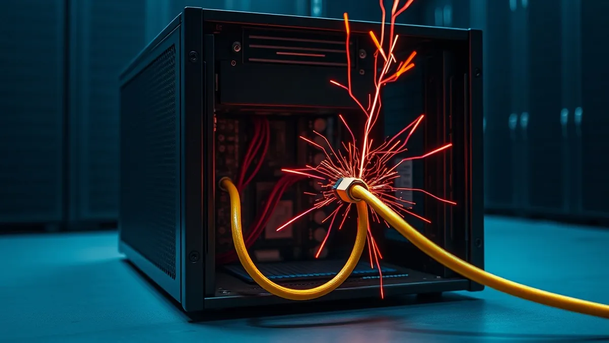 Illustration: A sleek black server unit sits open, revealing intricate internal circuitry.