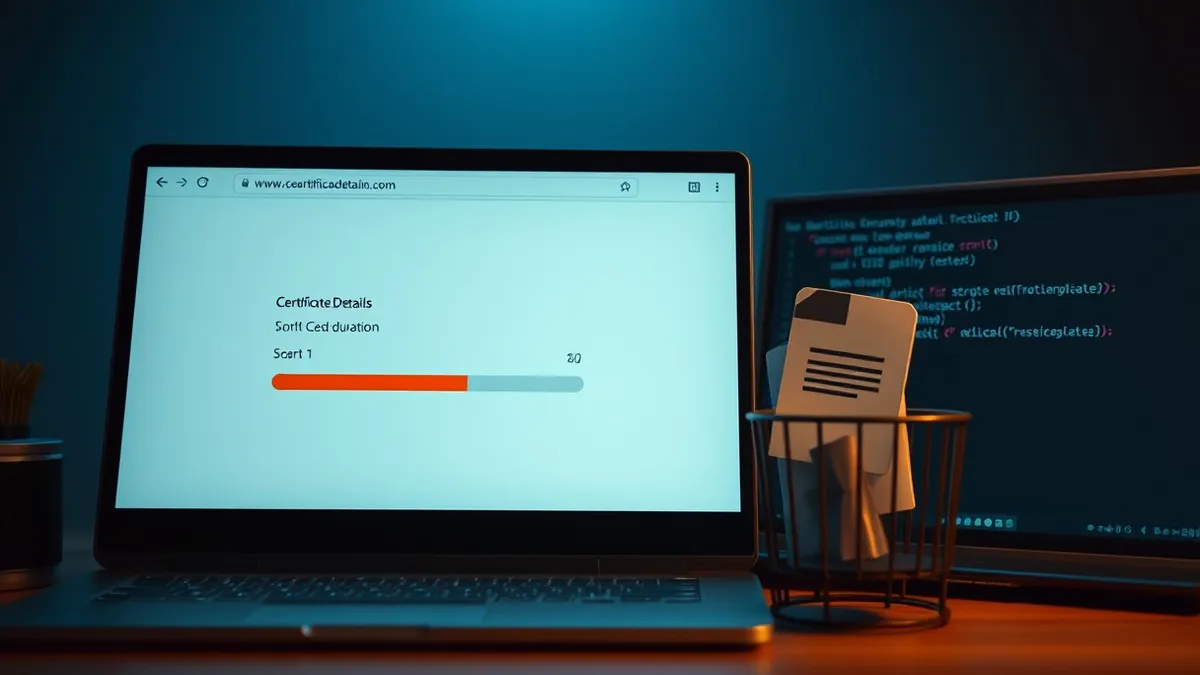 Illustration: A simplified web browser window displays a blank certificate details panel with a short progress bar indicating reduced duration.