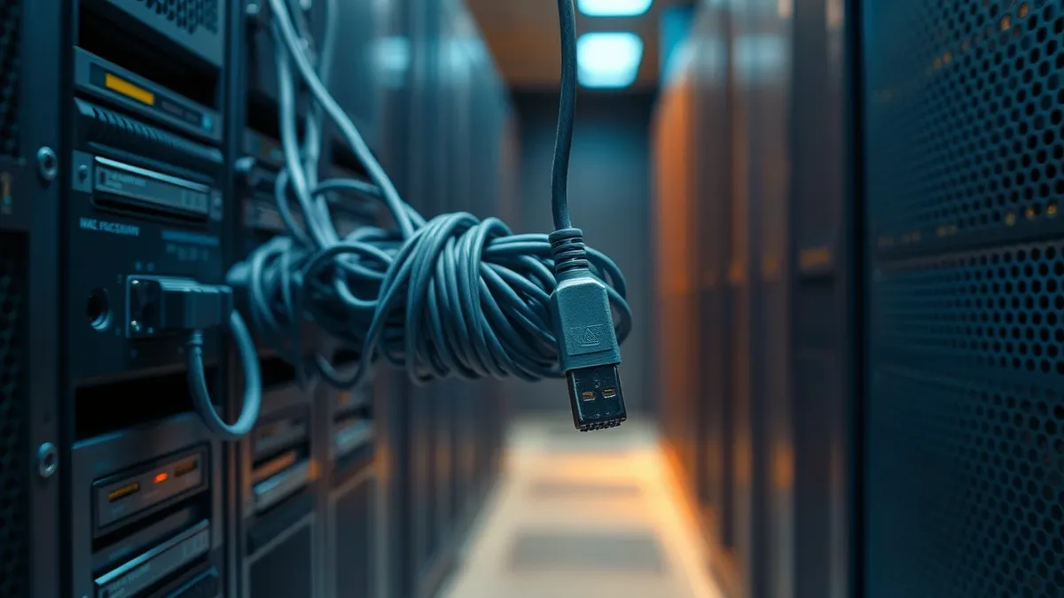 Illustration: A tangled bundle of thick grey cables connects two separate metal server chassis, symbolizing a broken trust link.
