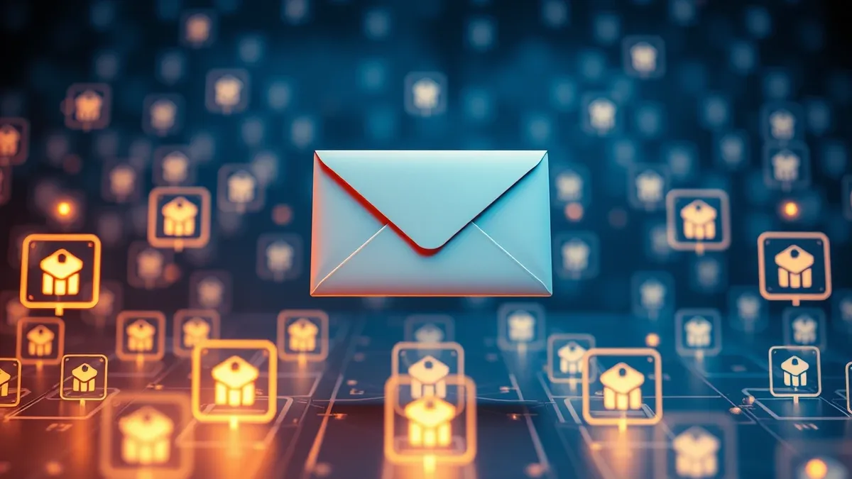 Illustration: A sleek white envelope floats above a complex, translucent maze of interlocking geometric shields and glowing verification nodes.
