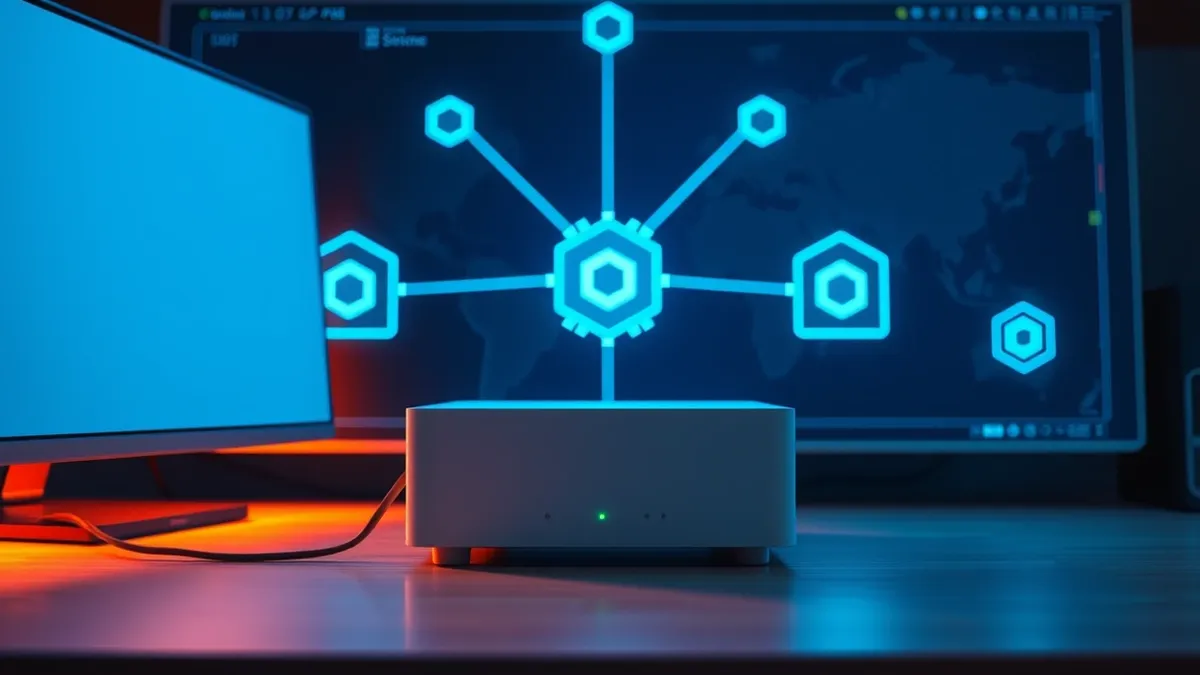 Illustration: A sleek white server node sits on a minimalist desk, connected by a single cable to a large abstract map.