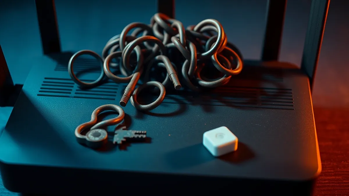 Illustration: A tangled cluster of rusted iron keys rests on a smooth black router, casting long shadows across the device’s blank ventilation grille.