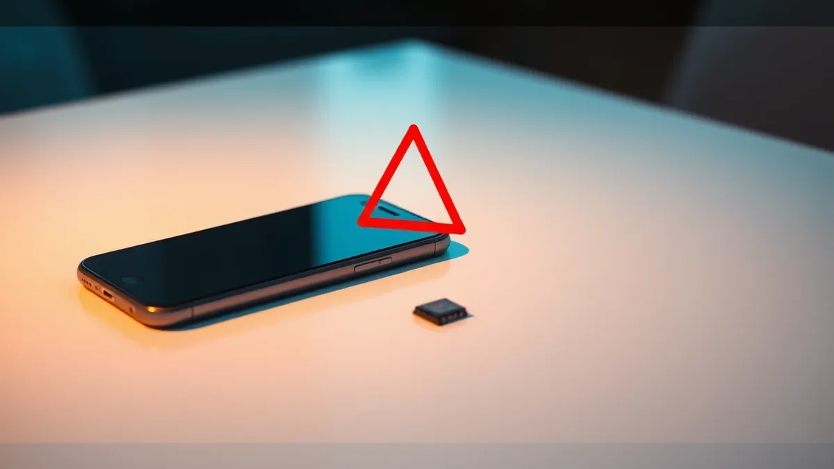Illustration: A sleek smartphone shell sits empty on a clean white table next to a tiny black memory chip.
