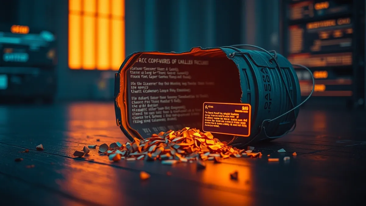 Illustration: A cracked open software container spills raw shell commands onto a dark digital floor.