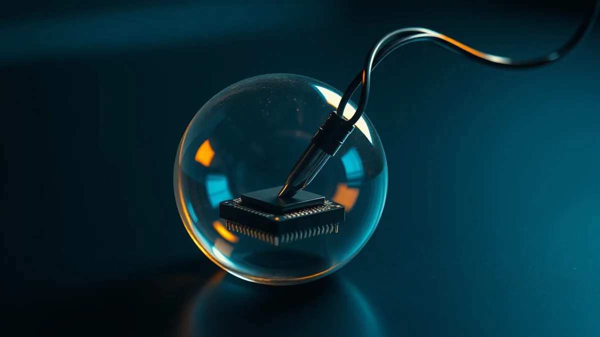 Illustration: A translucent protective bubble surrounding a tiny microchip is pierced by a twisted, mirrored tube.