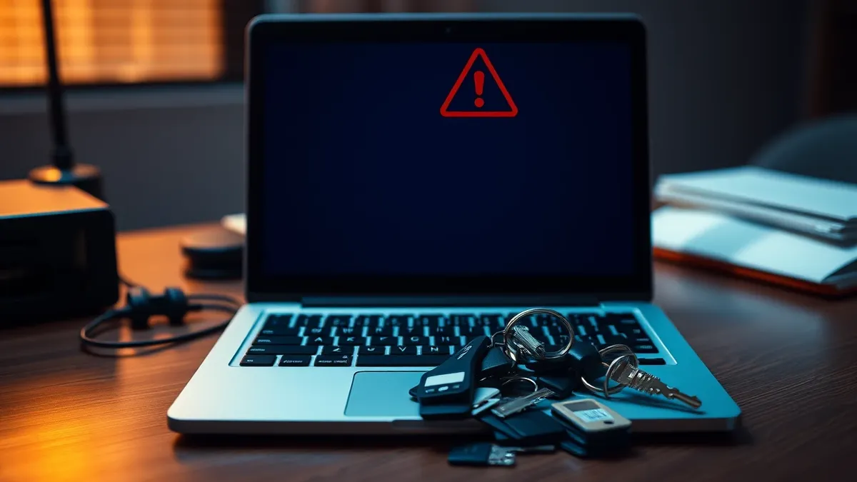 Illustration: A shared office desk holds a single laptop with a blank screen, its power cord tangled around a pile of loose keycards.