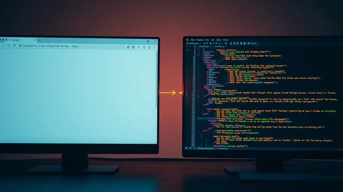 Illustration: A split view shows a web browser window on the left and a desktop code editor on the right.