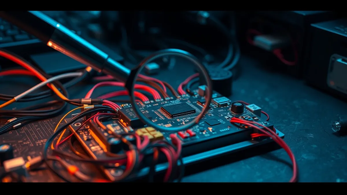 Illustration: A single circuit board sits on a workbench, its surface covered in chaotic layers of mismatched solder wires and tangled ribbon cables.