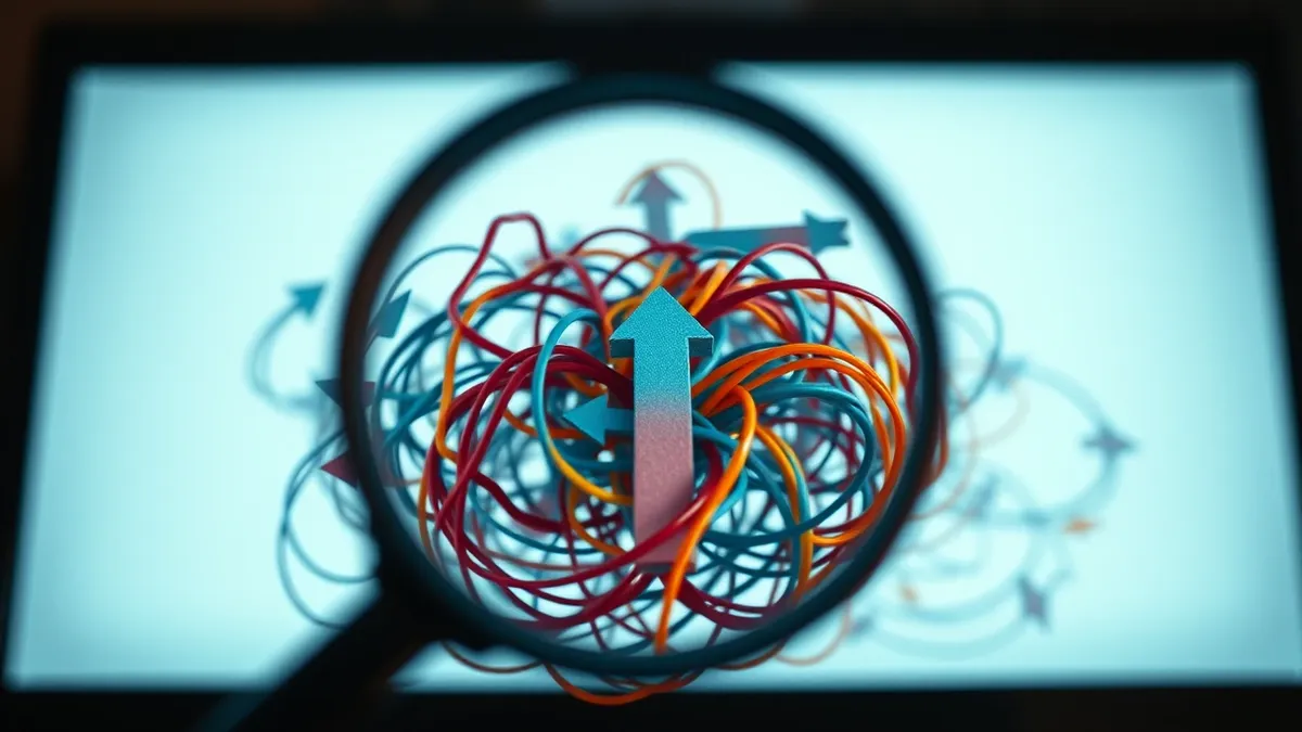 Illustration: A magnifying glass hovers over a tangle of tangled, colorful arrows looping back into themselves.