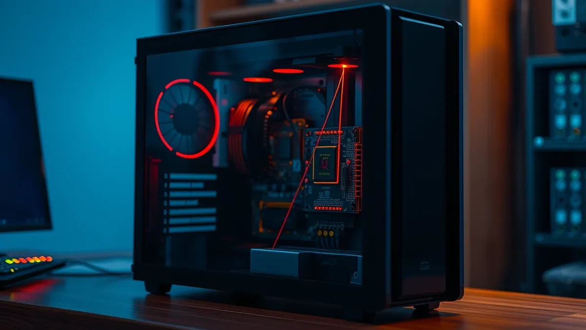 Illustration: A sleek server tower sits on a wooden desk, its front panel transparent to reveal intricate circuit boards inside.