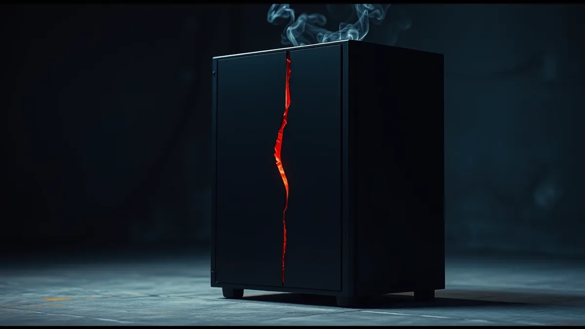 Illustration: A solitary, sleek black server tower sits on a concrete floor, its front panel dominated by a single, jagged red crack that splits the metal casing vertically.