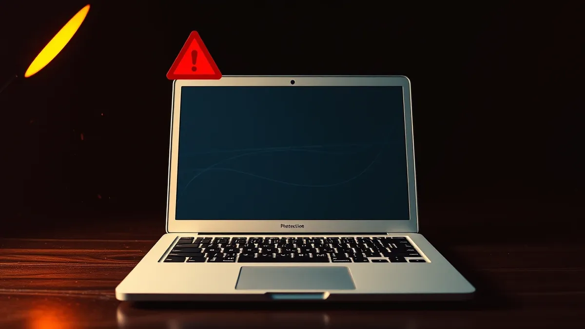 Illustration: A white laptop sits on a dark wooden desk, its screen displaying a generic window with abstract gray lines.