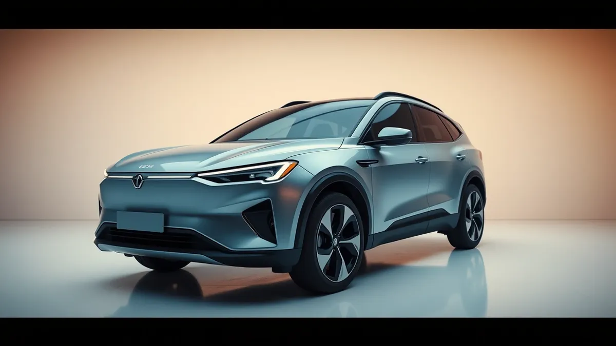 Illustration: A sleek silver electric crossover sits on a clean white studio floor.