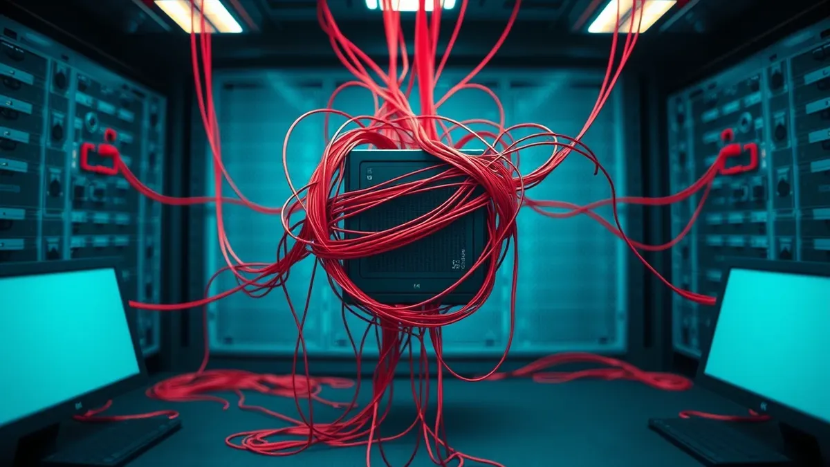 Illustration: A tangled web of red threads wraps around a central server node in a network diagram.