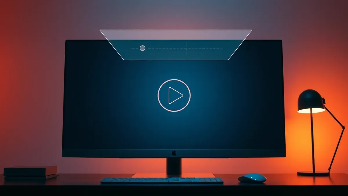 Illustration: A sleek desktop monitor displays a clean interface with a prominent video recording button.