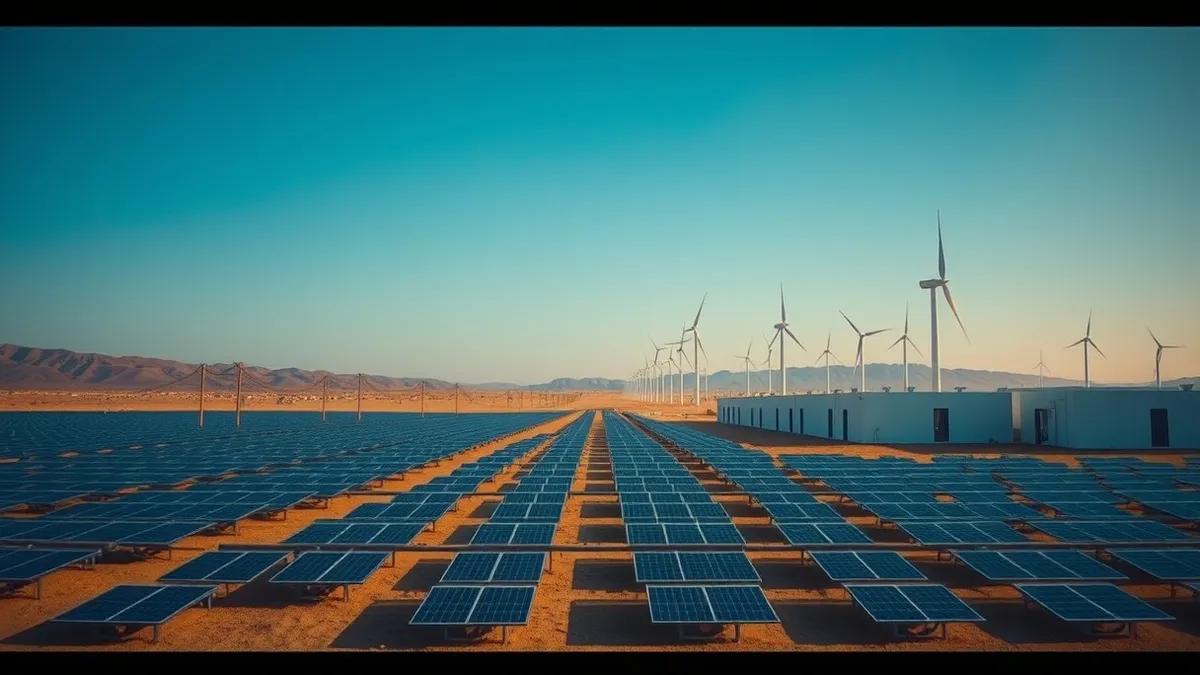 Illustration: A vast solar farm stretches across a dry desert landscape, connected by thick transmission lines to a row of sleek, windowless rectangular buildings.