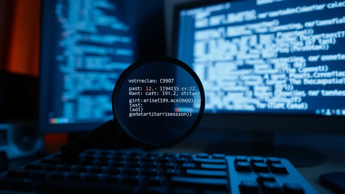 Illustration: A computer keyboard sits before a monitor displaying a block of plain code.