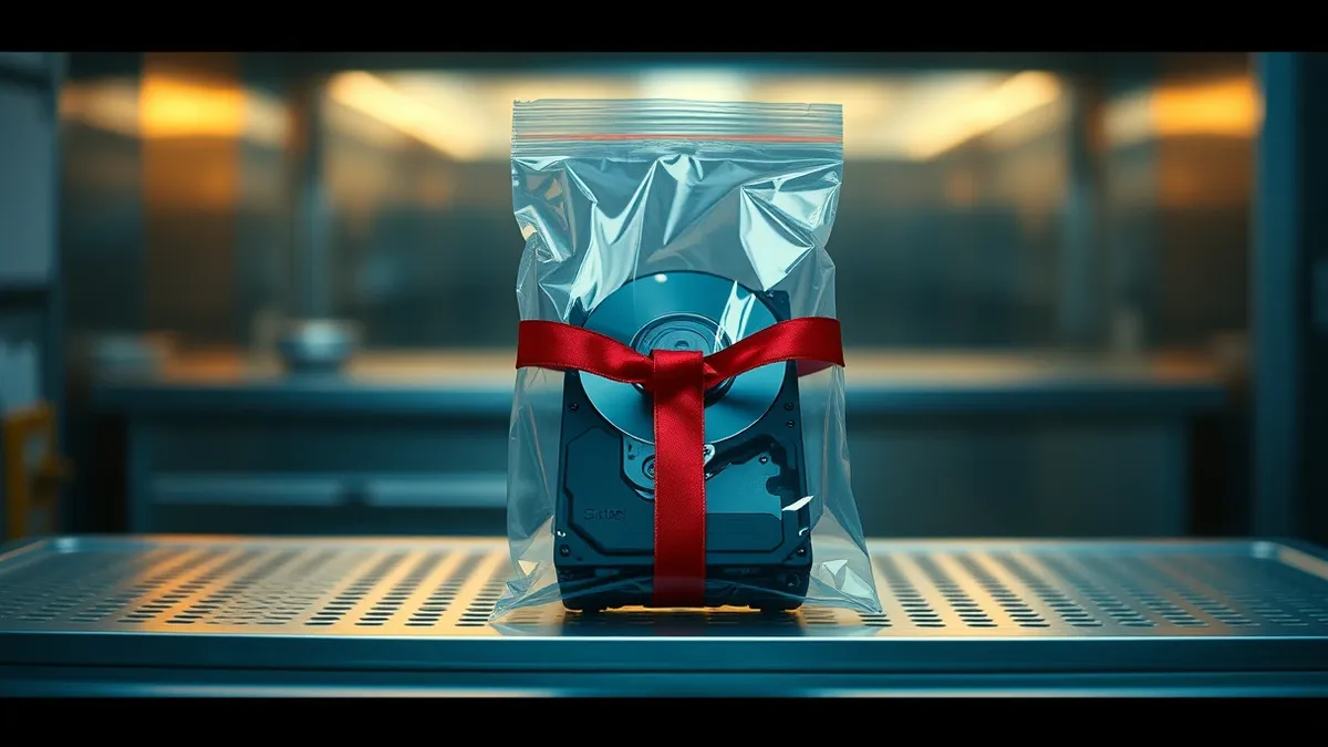 Illustration: A pristine glass evidence bag rests on a sterile metal table, containing a single black computer hard drive.