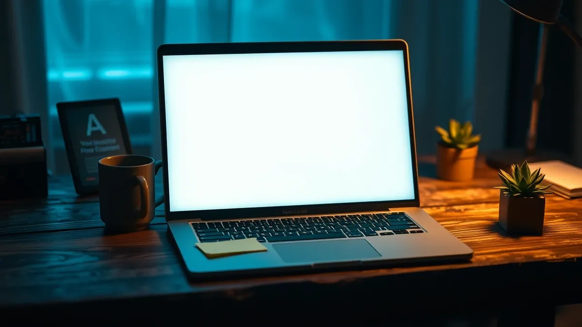 Illustration: A weathered wooden desk holds an open laptop with a blank screen reflecting soft ambient light.