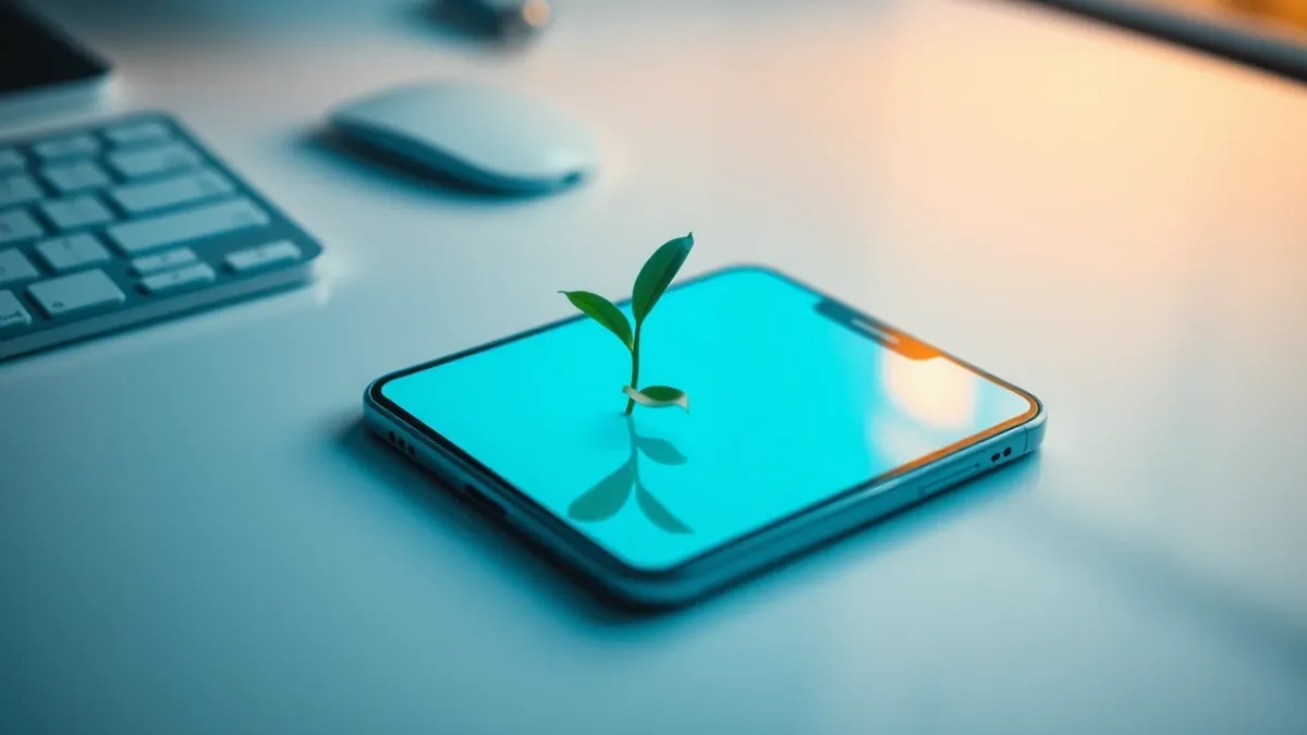Illustration: A white smartphone rests on a sterile white desk, its blank screen reflecting a single green leaf floating in mid-air beside it, symbolizing new growth breaking throu