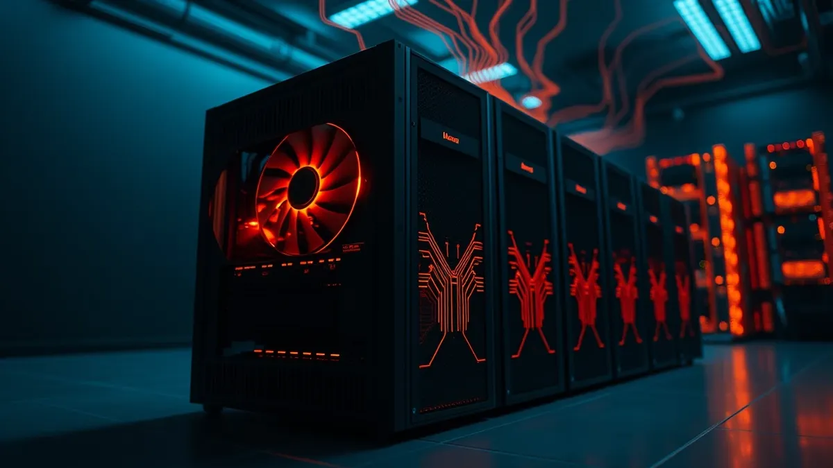 Illustration: A sleek black server unit sits in a dim room, its ventilation fans spinning frantically while heat waves distort the air above.