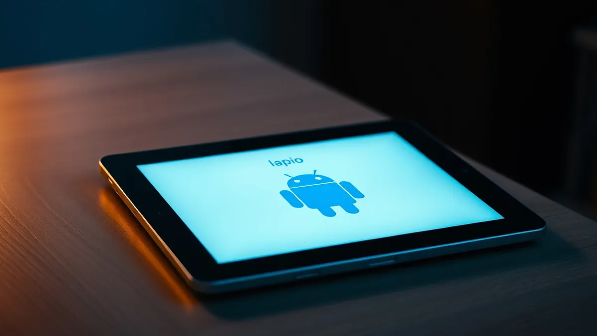 Illustration: A sleek black tablet rests on a wooden surface, its screen displaying a familiar blue robot icon alongside abstract app shapes.