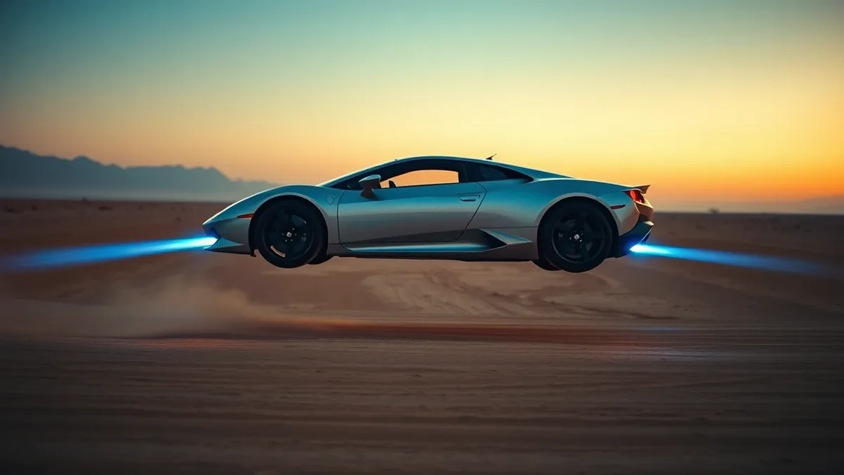 Illustration: A silver sports car hovers in mid-air above a dusty desert track, its undercarriage emitting bright blue thruster flames instead of touching the ground.