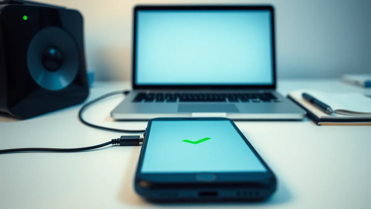 Illustration: A sleek black smartphone rests on a clean white desk.
