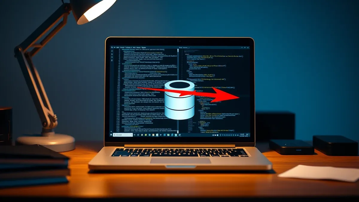 Illustration: A small office desk holds an open laptop displaying blank code windows.