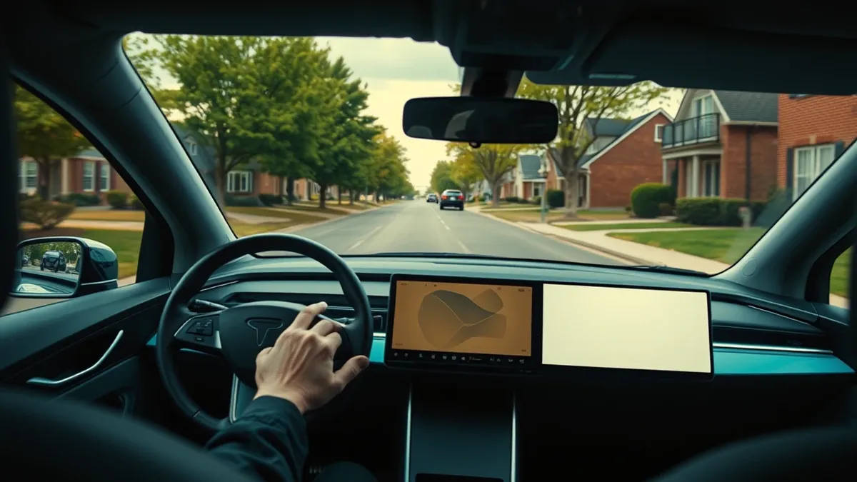 Illustration: A sleek silver electric vehicle drives along a quiet suburban street lined with green trees and brick houses.