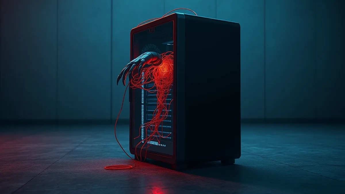 Illustration: A sleek black server tower sits isolated on a dark concrete floor.